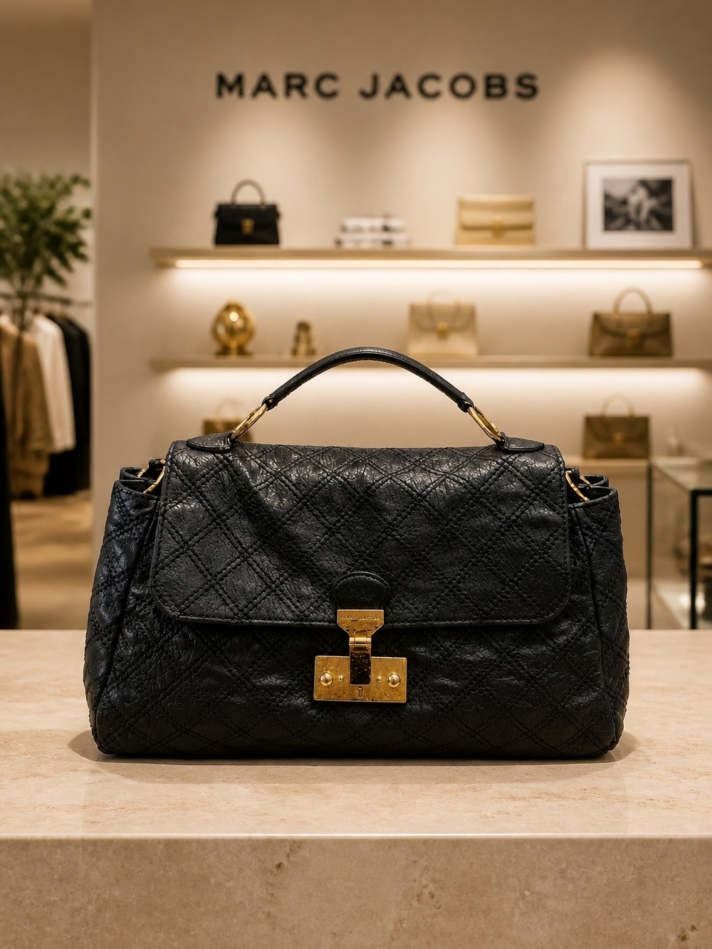 Marc Jacobs Black Quilted Leather Satchel with Gold Lock
